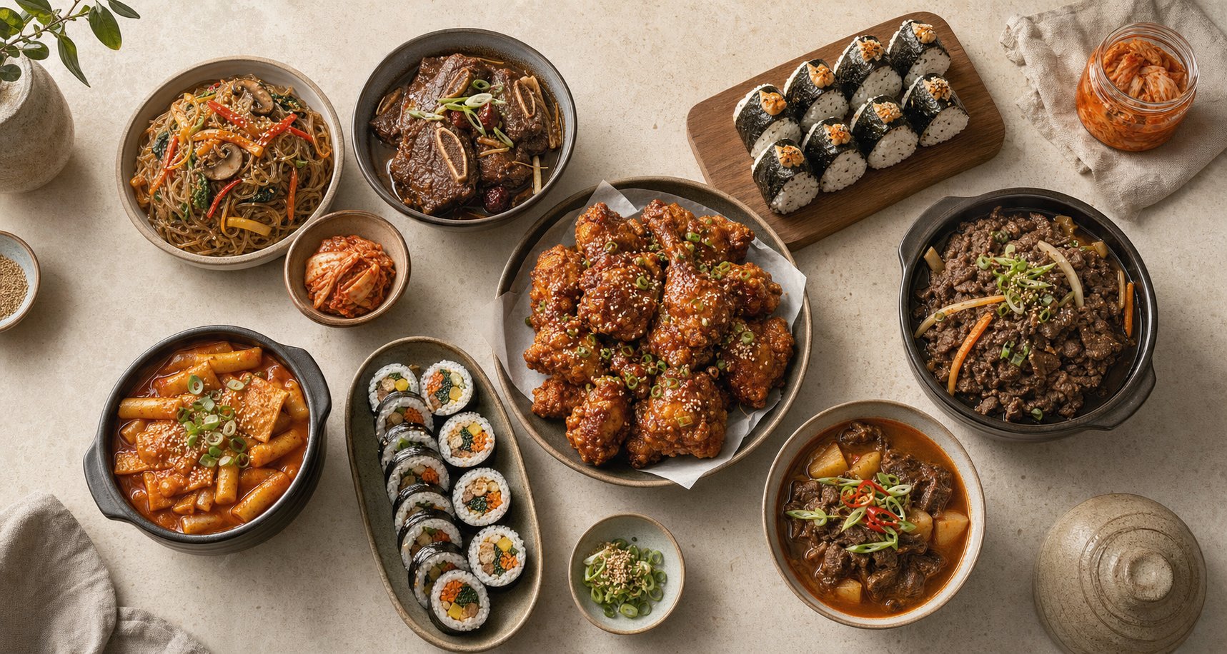 Overhead Korean catering table with fried chicken, gimbap, samgak gimbap, tteokbokki, japchae, bulgogi, short rib stew and kimchi.